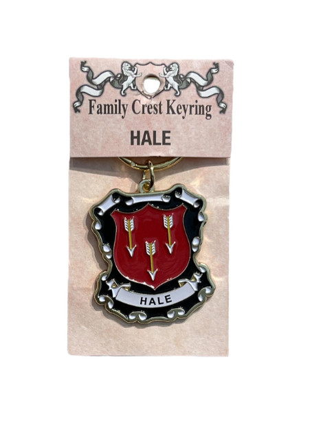 alt= a family crest keychain depicting the Hale family crest on a white background