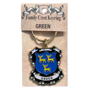 alt= a family crest keychain depicting the Green family crest on a white background