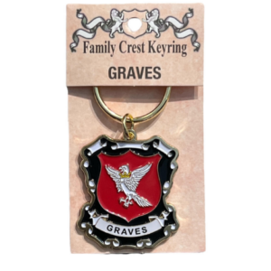 alt= a family crest keychain depicting the Graves family crest on a white background