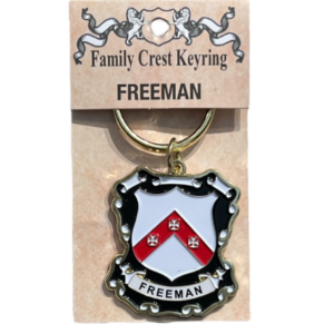 alt= a family crest keychain depicting the Freeman family crest on a white background