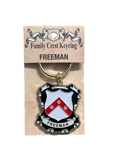 alt= a family crest keychain depicting the Freeman family crest on a white background