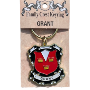 alt= a family crest keychain depicting the Grant family crest on a white background