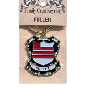alt= a family crest keychain depicting the Fuller family crest on a white background