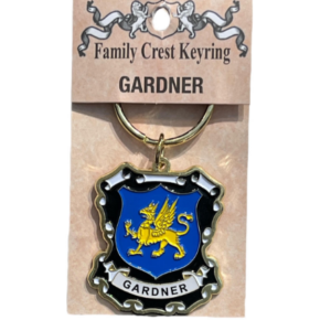 alt= a family crest keychain depicting the Gardner family crest on a white background