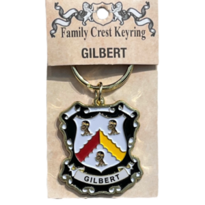 alt= a family crest keychain depicting the Gilbert family crest on a white background