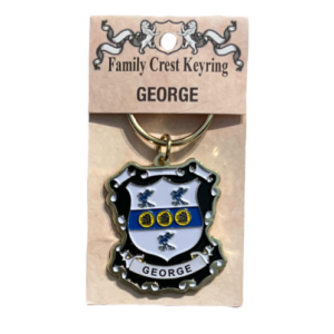 alt= a family crest keychain depicting the George family crest on a white background