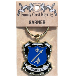 alt= a family crest keychain depicting the Garner family crest on a white background