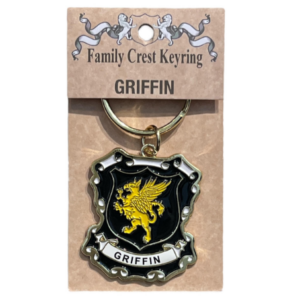 alt= a family crest keychain depicting the Griffin family crest on a white background