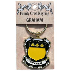 alt= a family crest keychain depicting the Graham family crest on a white background