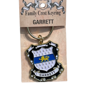 alt= a family crest keychain depicting the Garrett family crest on a white background