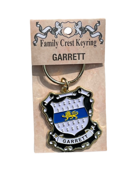 alt= a family crest keychain depicting the Garrett family crest on a white background