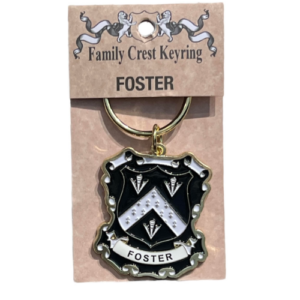 alt= a family crest keychain depicting the Foster family crest on a white background