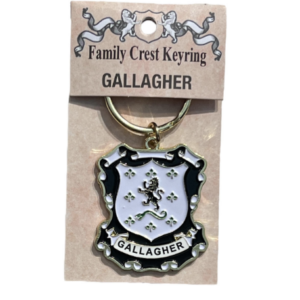 alt= a family crest keychain depicting the Gallagher family crest on a white background