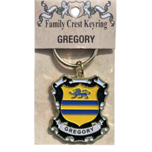 alt= a family crest keychain depicting the Gregory family crest on a white background