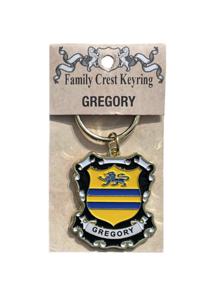 alt= a family crest keychain depicting the Gregory family crest on a white background