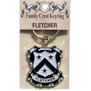 alt= a family crest keychain depicting the Fletcher family crest on a white background