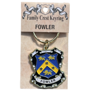 alt= a family crest keychain depicting the Fowler family crest on a white background