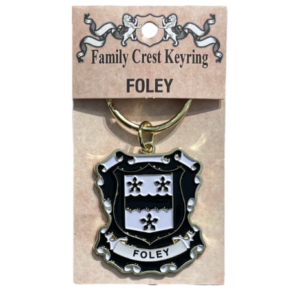 alt= a family crest keychain depicting the Foley family crest on a white background