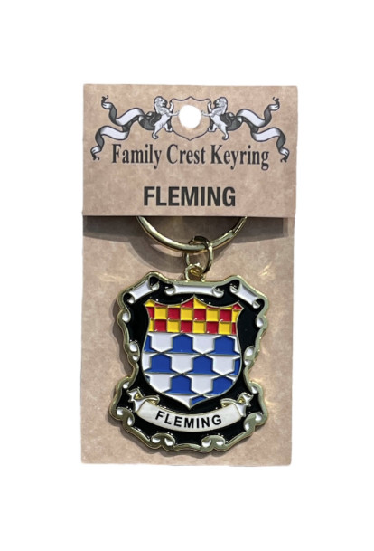 alt= a family crest keychain depicting the Fleming family crest on a white background