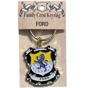 alt= a family crest keychain depicting the Ford family crest on a white background