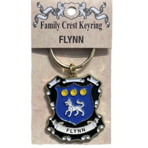 alt= a family crest keychain depicting the Flynn family crest on a white background