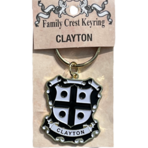 alt= a family crest keychain depicting the Clayton family crest on a white background