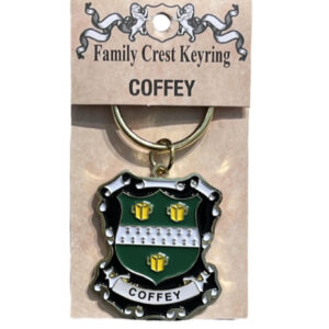alt= a family crest keychain depicting the Coffey family crest on a white background