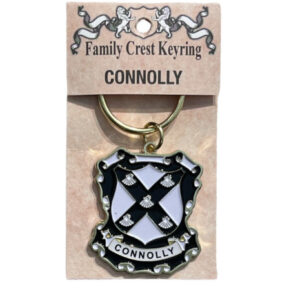 alt= a family crest keychain depicting the Connolly family crest on a white background