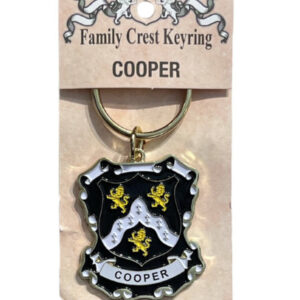 alt= a family crest keychain depicting the Cooper family crest on a white background