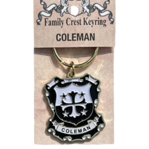 alt= a family crest keychain deopicting the Coleman family crest on a white background