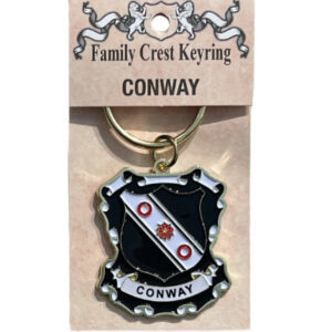 alt= a family crest keychain depicting the Conway family crest on a white background