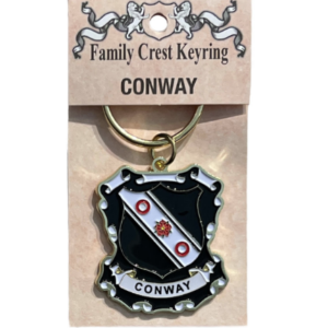 alt= a family crest keychain depicting the Conway family crest on a white background
