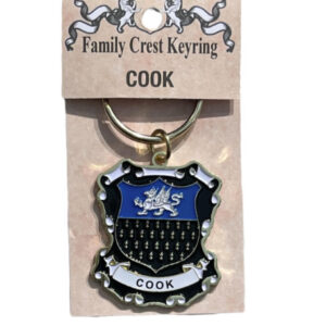 alt= a family crest keychain depicting the Cook family crest on a white background