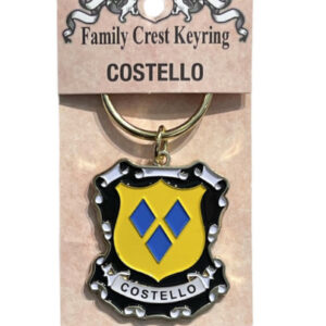 alt= a family crest keychain depicting the Costello family crest on a white background