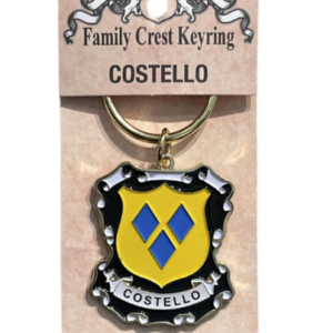 alt= a family crest keychain depicting the Costello family crest on a white background
