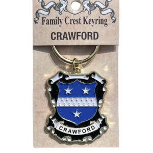 alt= a family crest keychain depicting the Crawford family crest on a white background