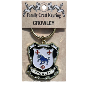 alt= a family crest keychain depicting the Crowley family crest on a white background