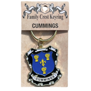 alt= a family crest keychain depicting the Cummings family crest on a white background
