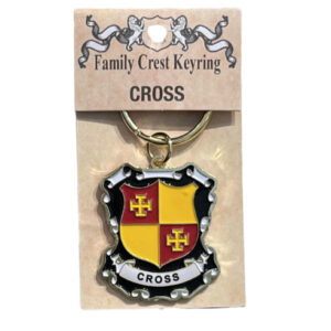 alt= a family crest keychain depicting the Cross family crest on a white background