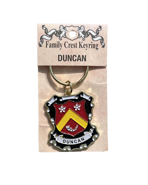 alt= a family crest keychain depicting the Duncan family crest on a white background