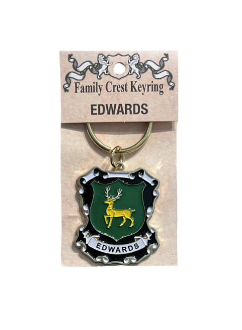 alt= a family crest keychain depicting the Edwards family crest on a white background