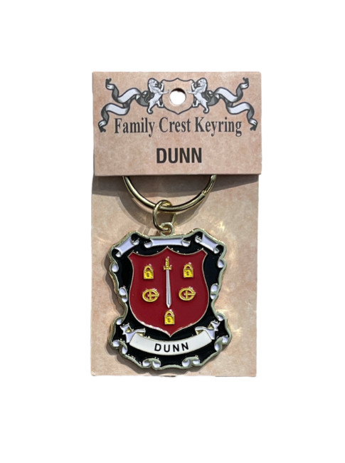 alt= a family crest keychain depicting the Dunn family crest on a white background