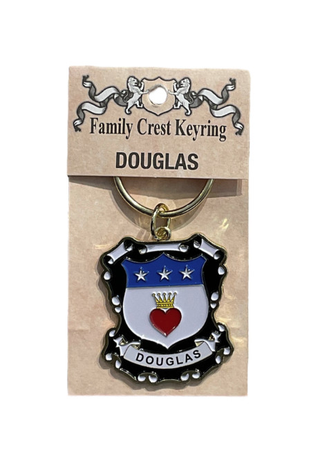 alt= a family crest keychain depicting the Douglas family crest on a white background