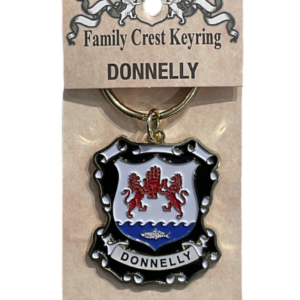 alt= a family crest keychain depicting the Donnelly family crest on a white background