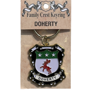 alt= a family crest keychain depicting the Doherty family crest on a white background