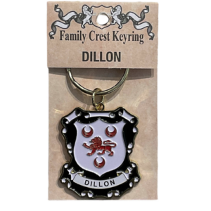 alt= a family crest keychain depicting the Dillon family crest on a white background