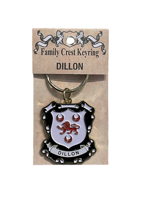 alt= a family crest keychain depicting the Dillon family crest on a white background