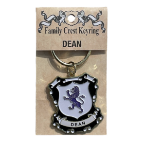 alt= a family crest keychain depicting the Dean family crest on a white background