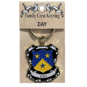 alt= a family crest keychain depicting the Day family crest on a white background