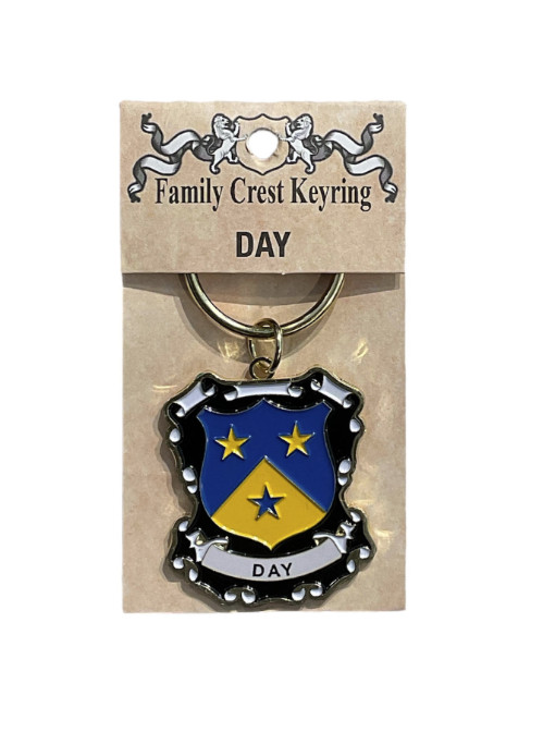 alt= a family crest keychain depicting the Day family crest on a white background